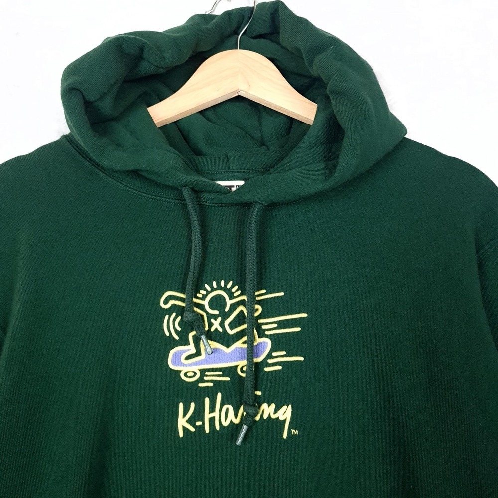 Uniqlo UT Keith Haring Hoodie Mens Medium Green Skateboard Graphic Pullover